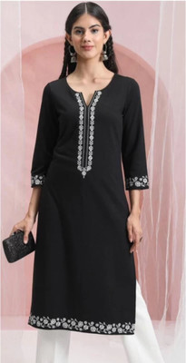 PLUSHOP Women Embroidered A-line Kurta(Black)