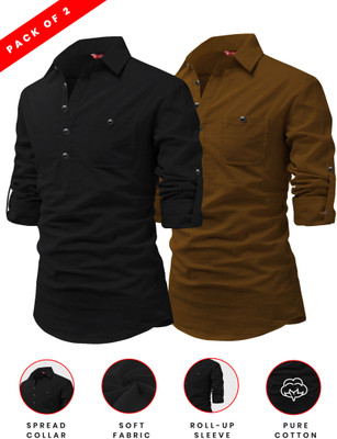 FireFish Men Solid A-line Kurta(Brown, White)