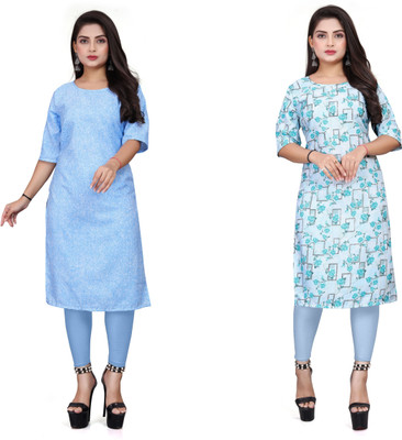 DB COLLECTION Women Printed Straight Kurta(Multicolor, Blue)