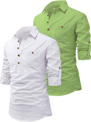 RAREMARK Men Solid Straight Kurta(White, Green)