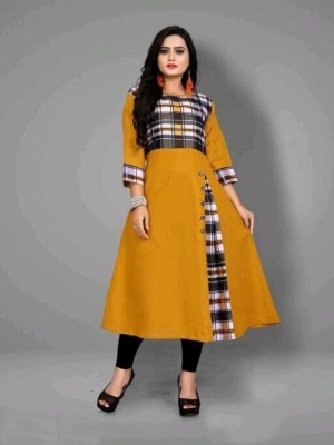 Anjana Nx Women Colorblock, Checkered A-line Kurta(Yellow)