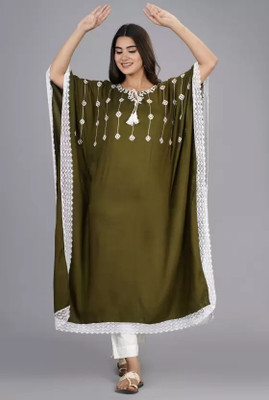 FAHEEMAN GARMENTS Women Embroidered Kaftan Kurta(Dark Green, White)