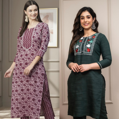 Andheriyas Textiles Women Printed Straight Kurta(Dark Green)