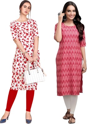 Vasudha Fashion Hub Women Printed, Floral Print Straight Kurta(Red, Pink)