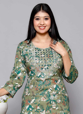 Look-N-Like Women Printed A-line Kurta(Light Green)
