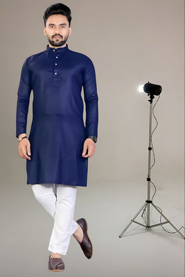 FASHIONPARROT Men Solid Straight Kurta(Dark Blue)