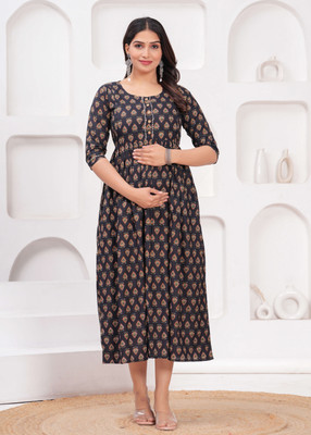 UrbanRang Women Floral Print Anarkali Kurta(Black, Gold)