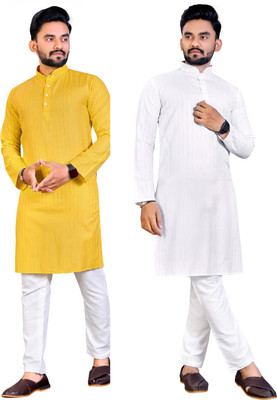 Krudha Men Woven Design Straight Kurta(Yellow, White)