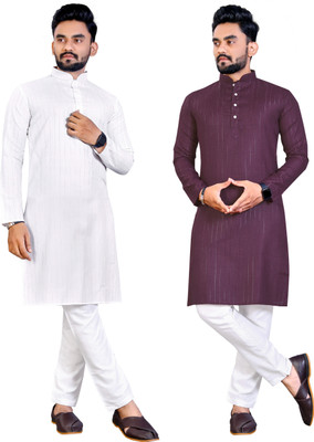 Krudha Men Woven Design Straight Kurta(White, Purple)