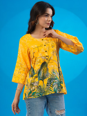 Anmi Printed Women Straight Kurta(Yellow)