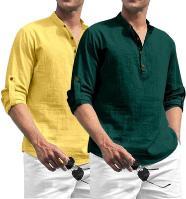 indirae Men Solid A-line Kurta(Yellow)