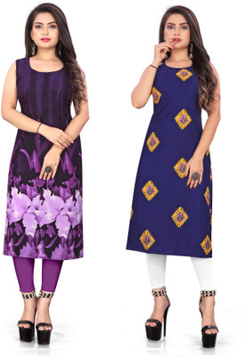 Hiral Creation Women Printed Straight Kurta(Purple, Blue)