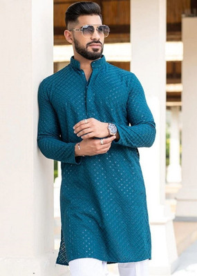 HouseOfCommon Men Printed, Chikan Embroidery Straight Kurta(Dark Blue)