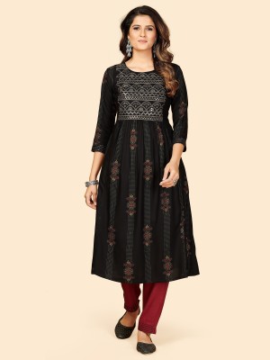 VBUYZ Women Printed Anarkali Kurta(Black)