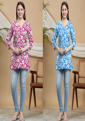 P17 Women Floral Print A-line Kurta(Maroon, Blue)