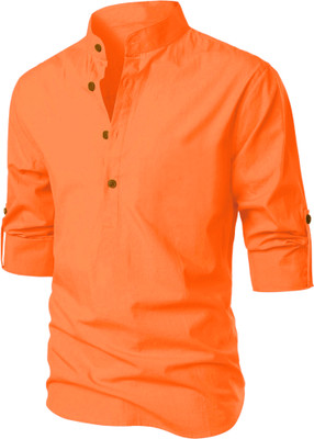LIRMO Men Solid Straight Kurta(Orange)