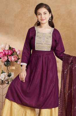 Sangria Girls Embroidered Flared Kurta(Purple)