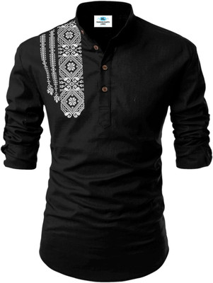 Kavyangle Creation Men Printed Straight Kurta(Black)