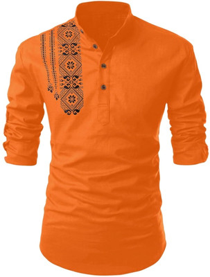 hfm Men Printed Straight Kurta(Orange)