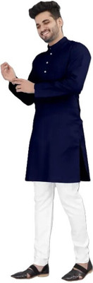 krishu Men Solid Straight Kurta(Dark Blue)