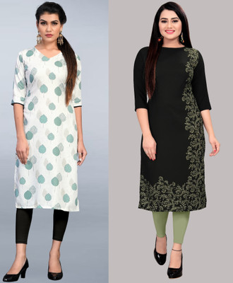 tanvi creation Women Floral Print Straight Kurta(White, Black)