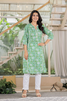 UrbanRang Women Floral Print A-line Kurta(Green)