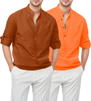 Paasbaan Men Solid Straight Kurta(Brown, Orange)