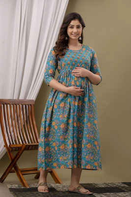 UrbanRang Women Printed Anarkali Kurta(Blue, Yellow)