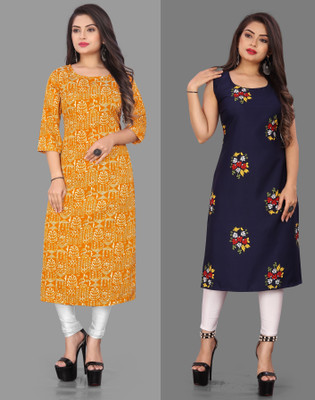 maruti fab Women Printed Straight Kurta(Yellow, Dark Blue)