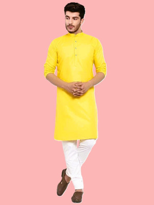 KRISHASALES Men Solid Straight Kurta(Yellow)