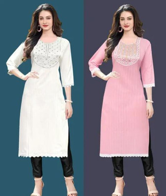 Women Embroidered Kurta(Pink, White)