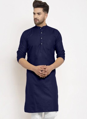 LookMakers Men Solid Straight Kurta(Dark Blue)