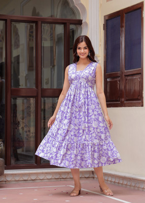 ETHIC EYE Women Printed Flared Kurta(Blue, White)