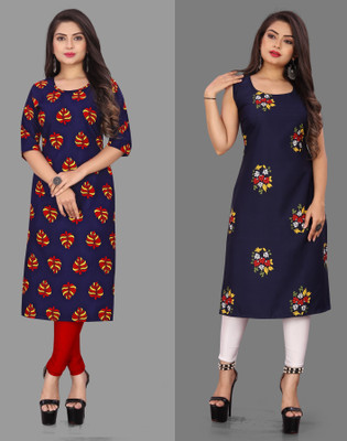 maruti fab Women Printed Straight Kurta(Dark Blue)