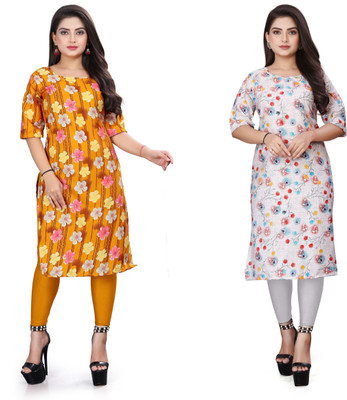 KNG TEXTILE Women Printed A-line Kurta(Yellow, White)