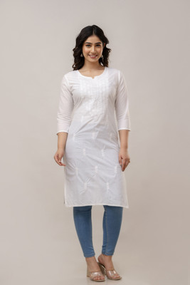 Gundia Fashion Women Embroidered Straight Kurta(White)