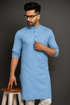 Z zedup Men Solid Straight Kurta(Light Blue)