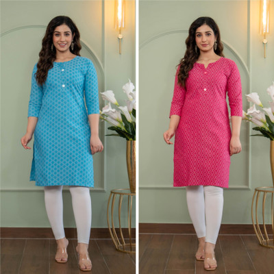 AOSLY Women Printed Straight Kurta(Blue, Pink)