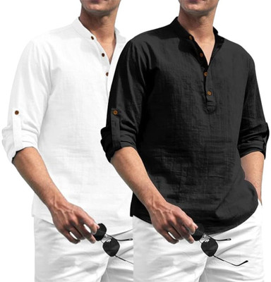 indirae Men Solid A-line Kurta(Black)