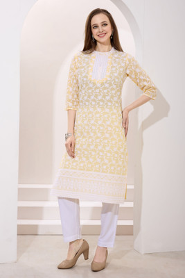 SC KURTIS Women Chikan Embroidery Straight Kurta(Yellow)