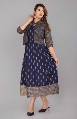 JIYANSH Women Printed Anarkali Kurta(Dark Blue, Gold)