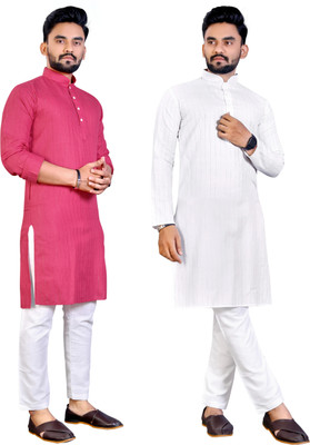Krudha Men Woven Design Straight Kurta(White, Pink)