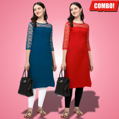 HEMANG FASHION Women Solid A-line Kurta(Light Blue, Red)