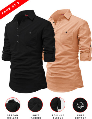 FireFish Men Solid A-line Kurta(Orange, Black)