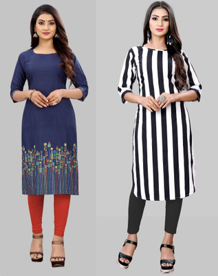 maruti fab Women Striped, Printed A-line Kurta(Dark Blue, White)