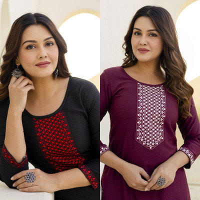 Auzanoor Collection Women Self Design Straight Kurta(Black)