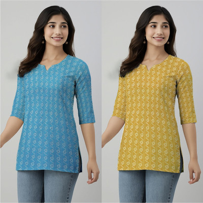 WhiteDoe Women Printed A-line Kurta(Blue, Yellow)