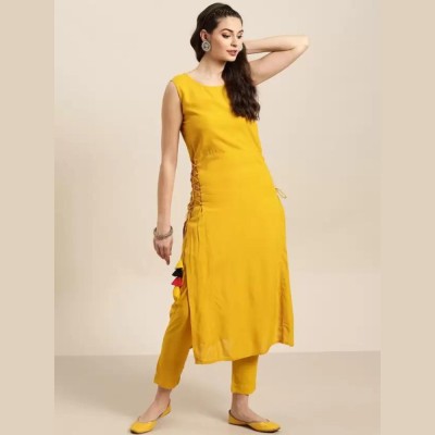 ShopGlobal Women Solid A-line Kurta(Yellow)