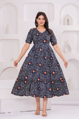 PIHUTIQUE ARTS Women Printed Anarkali Kurta(Dark Blue)