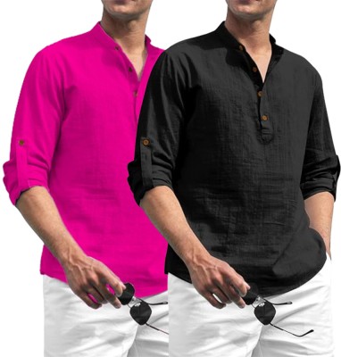 HouseOfCommon Men Solid Straight Kurta(Pink, Black)